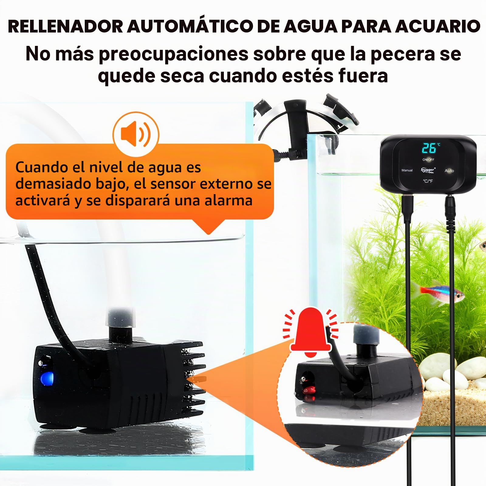 Hygger Sistema ATO Automático para Acuario, Sistema de Reabastecimiento de Agua para Peceras con Sumergible Bomba, Kit Controlador Sistema de Recarga Automática de Nivel de Agua para Acuario