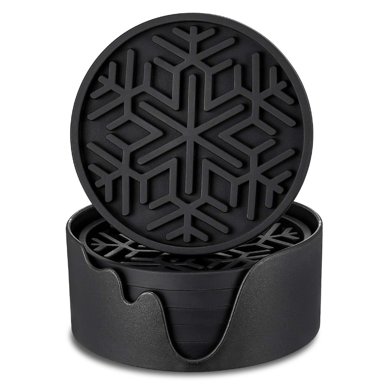 ME.FAN Silicone Coasters [6 Pack] Snow Drink Coasters with Holder - Cup Mat - Non-Slip, Non-stick, Stay Put, Deep Tray - Prevents Furniture and Tabletop Damages(Black)