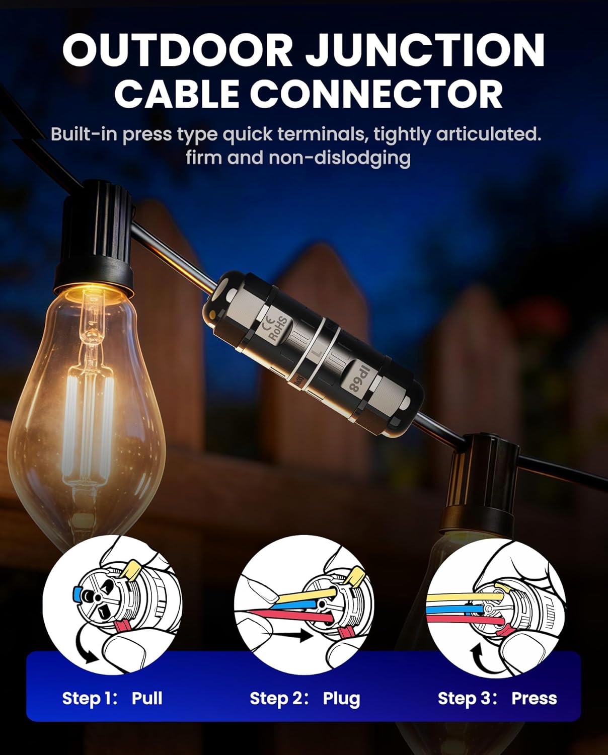 Waterproof Electrical Connector Box - TerraXper IP68 Tool-Free 3-Pin Junction Box for 4-12mm Flat/Round Outdoor Wires, Flame-Retardant Design for Landscape & Permanent Lights