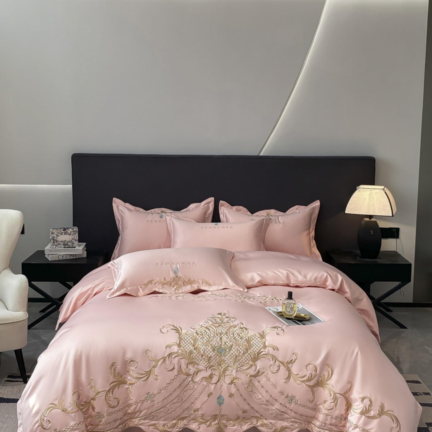 Luxury Chic Embroidery Duvet Cover Set，Bedding Collection,Metal Zipper, Embroidery Craftsmanship, Machine Washable,for All Season,4 Pieces(Pink)