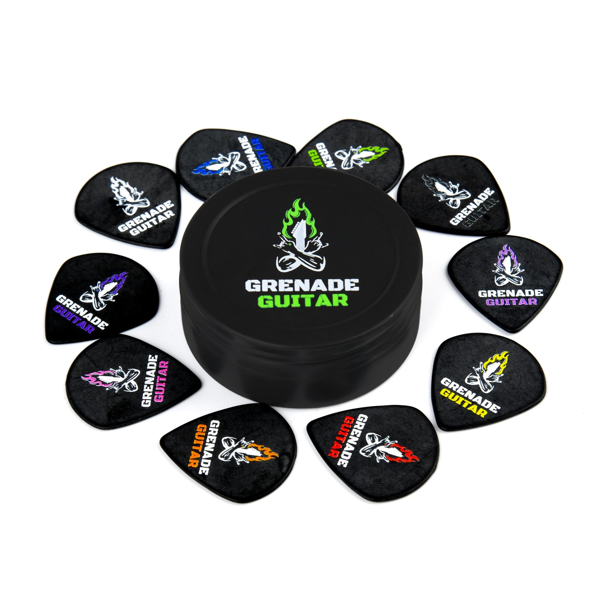 Grenade Guitar compact black ice guitar picks & guitar accessories. 10 mixed colour deluxe guitar picks. Double-Sided logo. Guitar & Gear Accessories. Guitar plectrums & luxury guitar pick holder.