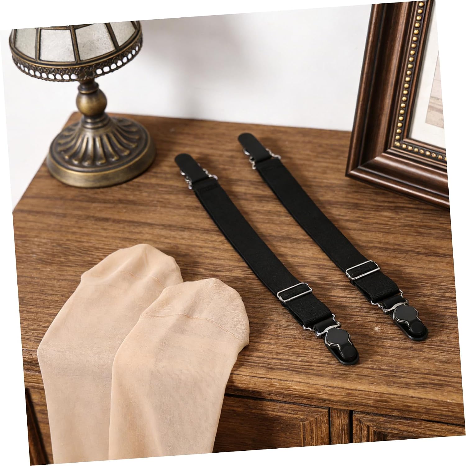 Adjustable Non-slip for Women with Metal Clips, 2 Pairs Elastic Suspender Straps for Stockings, Black Stretch Sock Suspenders for Home and Daily Wear