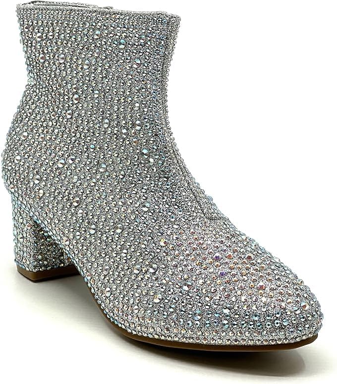 Forever Girls Rhinestone Boots Kids Low Heel Dress Booties Iceberg-12K Shoes Silver Rhinestone 4