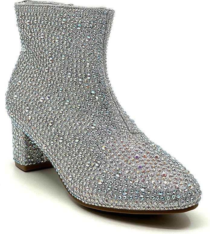 Forever Girls Rhinestone Boots Kids Low Heel Dress Booties Iceberg-12K Shoes Silver Rhinestone 12