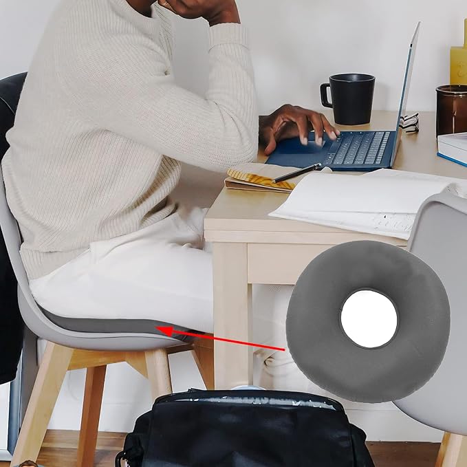 Donuts Pillow for Tailbone Pain Relief, Inflatable Butt Pillow Flocked Fabric Air Pillow for The Home, Office, Ultralight Inflatable Pillow for Hiking, Camping (Gray) miniatura 2