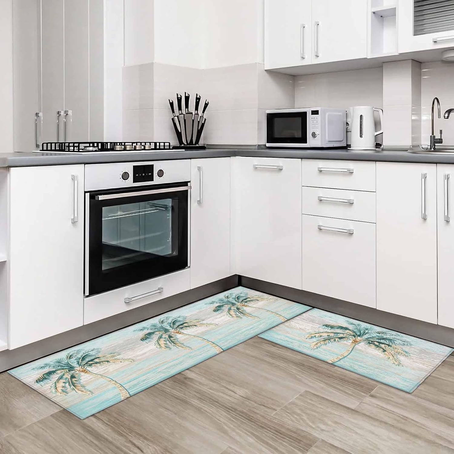 Kitchen Mats for Floor Summer Beach Palm Tree Washable Non Slip Kitchen Rugs 2PCS, Retro Watercolor Tropical Plant Absorbent Standing Mats for Sink Bathroom Office Living Room 15.7x23.6in+15.7x47.2in