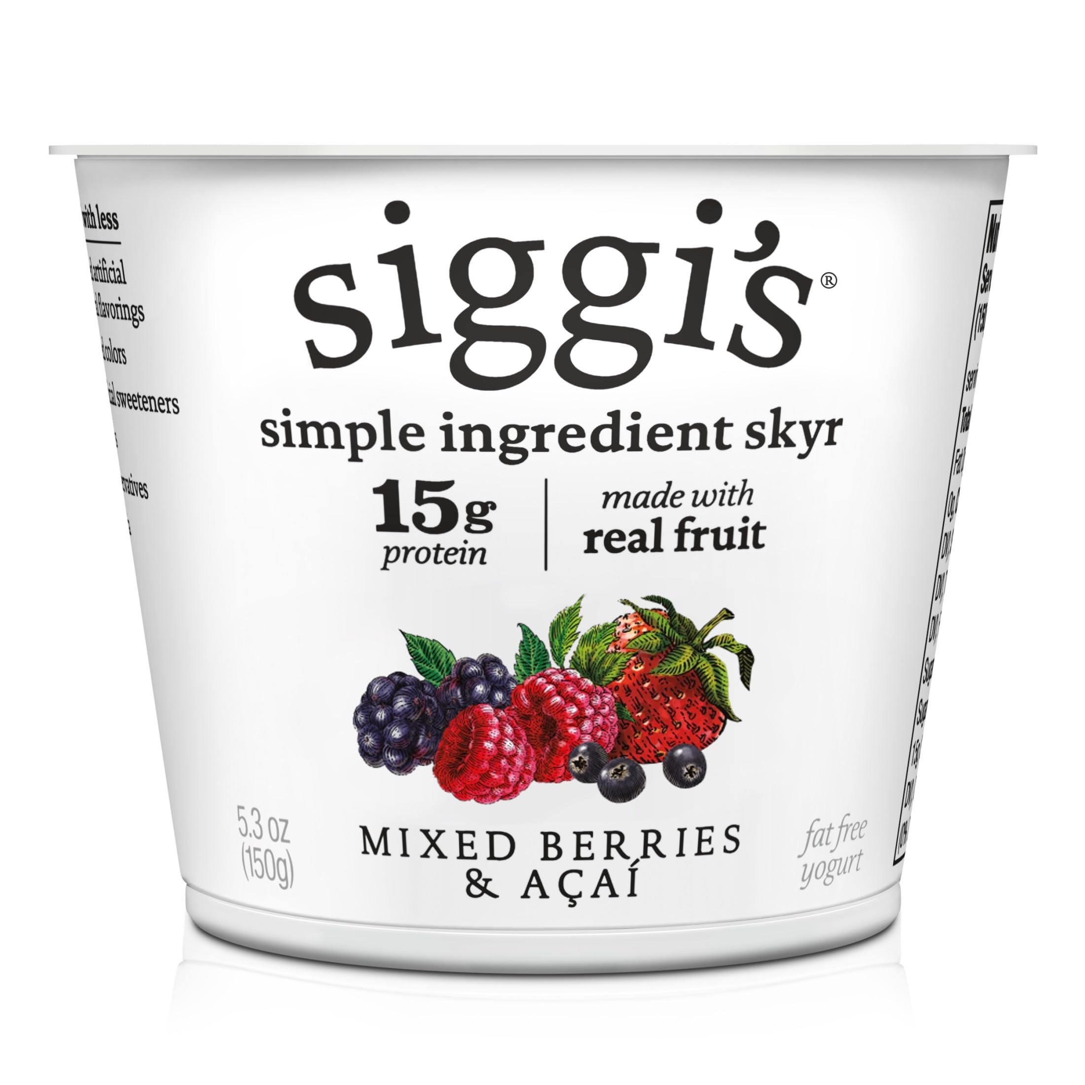 siggis Icelandic Strained Nonfat Yogurt Acai Mixed Berry 5 3 oz Single Serve Cup Thick Protein-Rich Yogurt