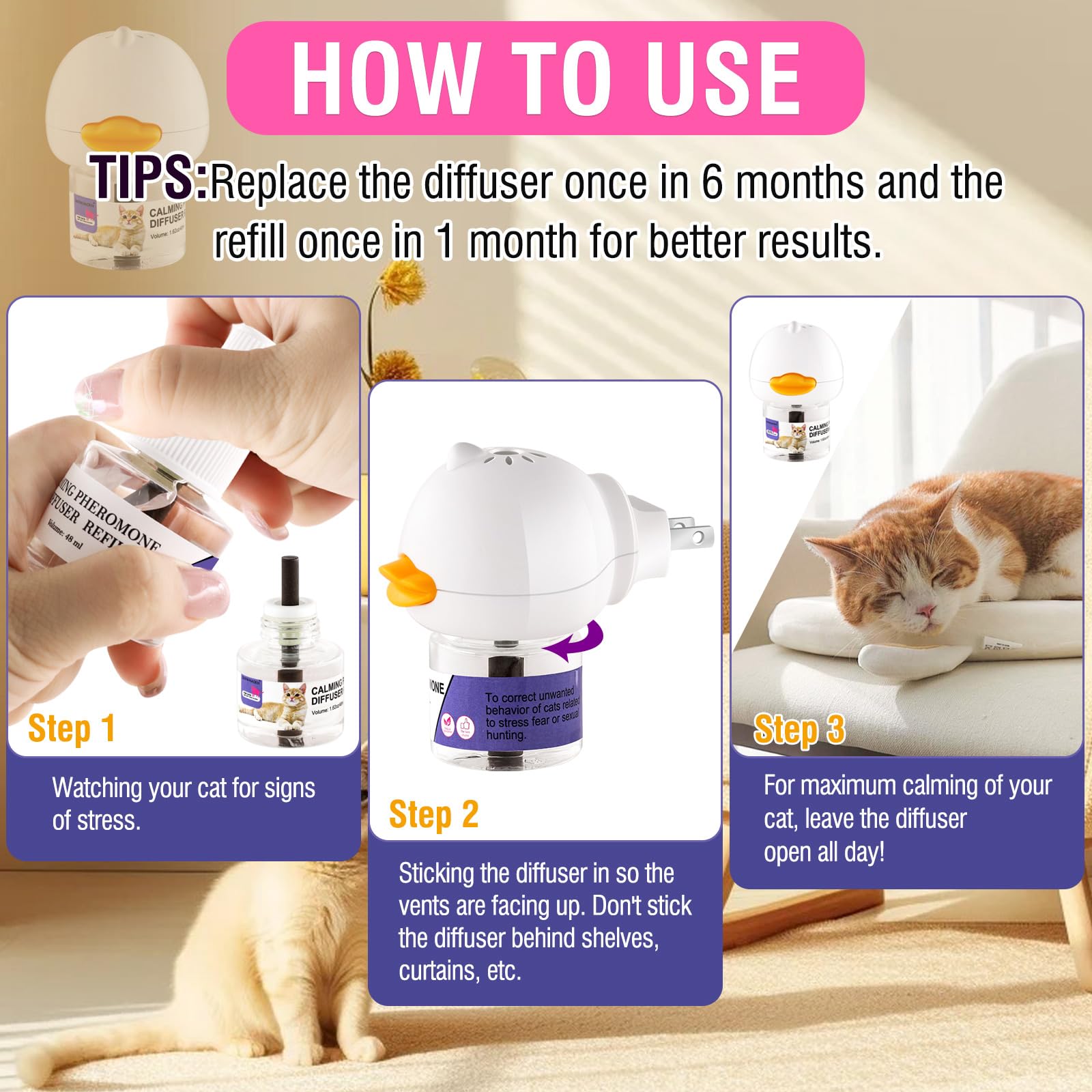 DUNKHADEN Cat Calming Pheromone Diffuser Reduces Conflict Between Cats Effective Anxiety Relief for Cats & Cat Calming Soothing 48ML 3 Refills Fits All Cats, 3 Packs - image 5