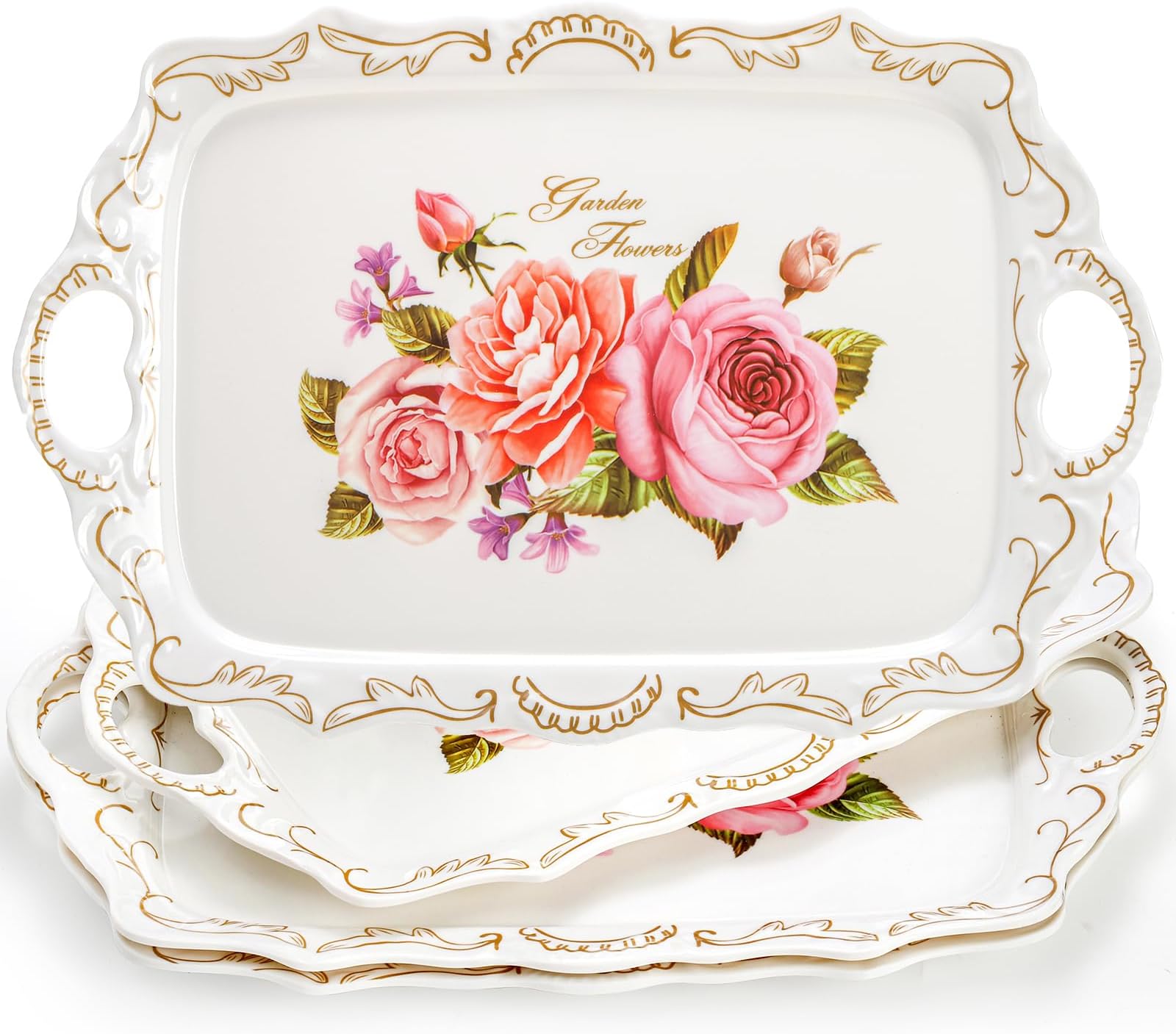 3 Pack Melamine Serving Tray with Handles, Floral Serving Trays Stackable Food Tray for Eating Unbreakable Large Serving Platter for Party, Decor, Home, Restaurant, Gift,16" L x 11" W