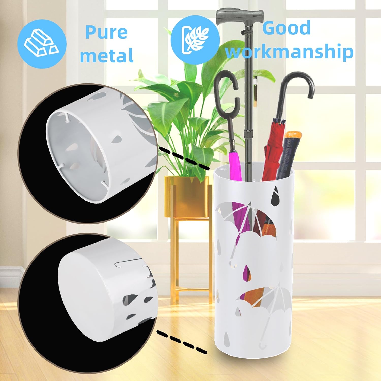 BEWBBAT Umbrella Stand Rack for Entryway, Freestanding Round Metal Umbrella Holder, Rain Collection Umbrella Organizer Bin for for Can Walking Stick, Home Office Decor, Hold 4-5 Umbrellas