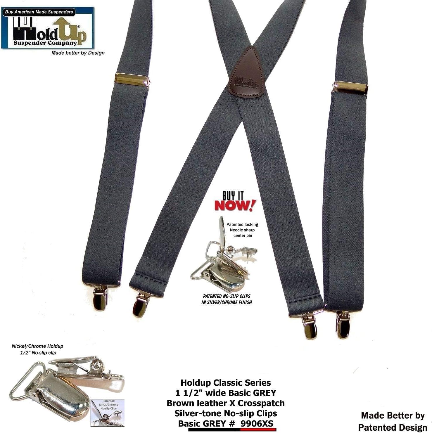 1 1/2" Wide Classic Series Holdups Suspenders for Men in X-back style w/USA Patented No-slip® Silver Clips - Image 7