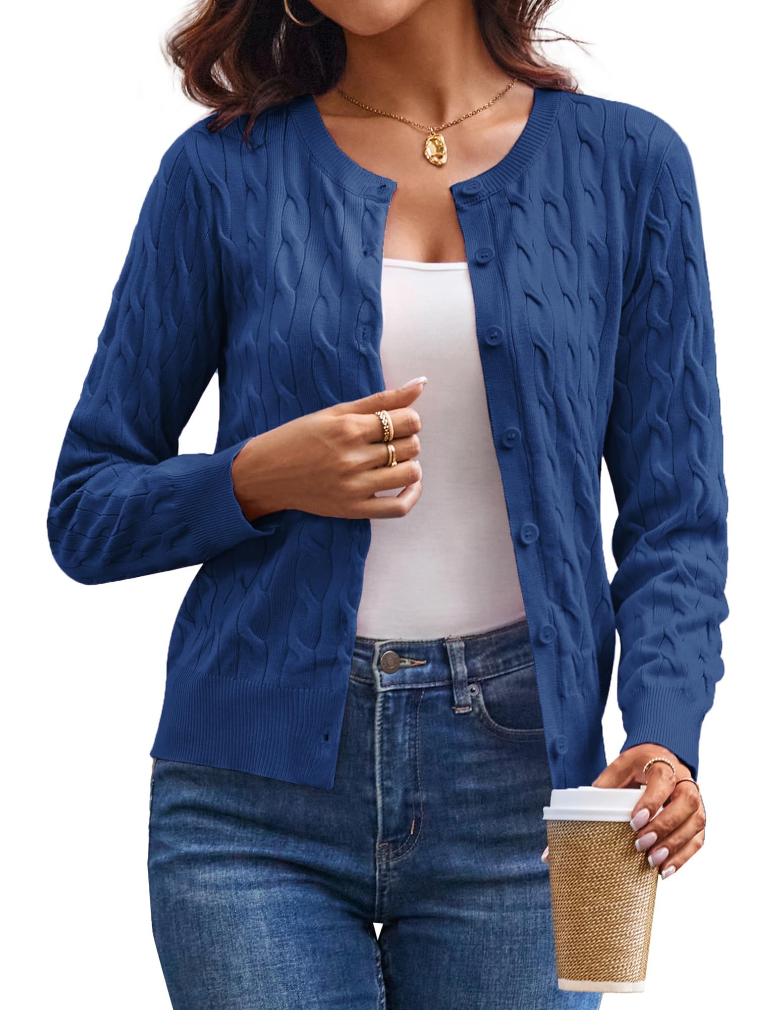 GRACE KARIN Womens Long Sleeve Button Up Cable Knit Cardigan Lightweight 2025 Crewneck Button Down Sweaters for Women