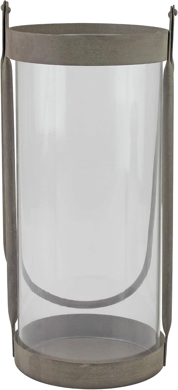 Stonebriar Industrial Glass Cylinder Hurricane Candle Lantern with Rustic Zinc Metal Frame and Handle