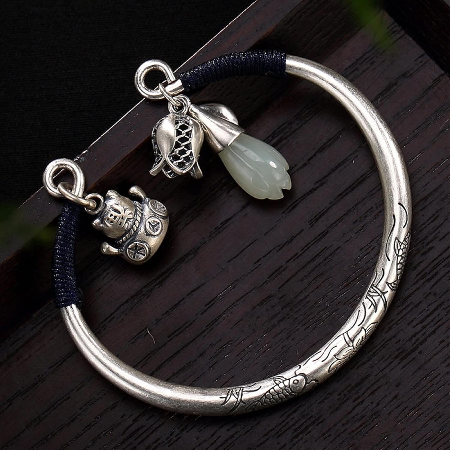 S990 Pure Hetian Jade White Magnolia Lady Open Bracelet Jewelry Birthday Present Women's Bracelets