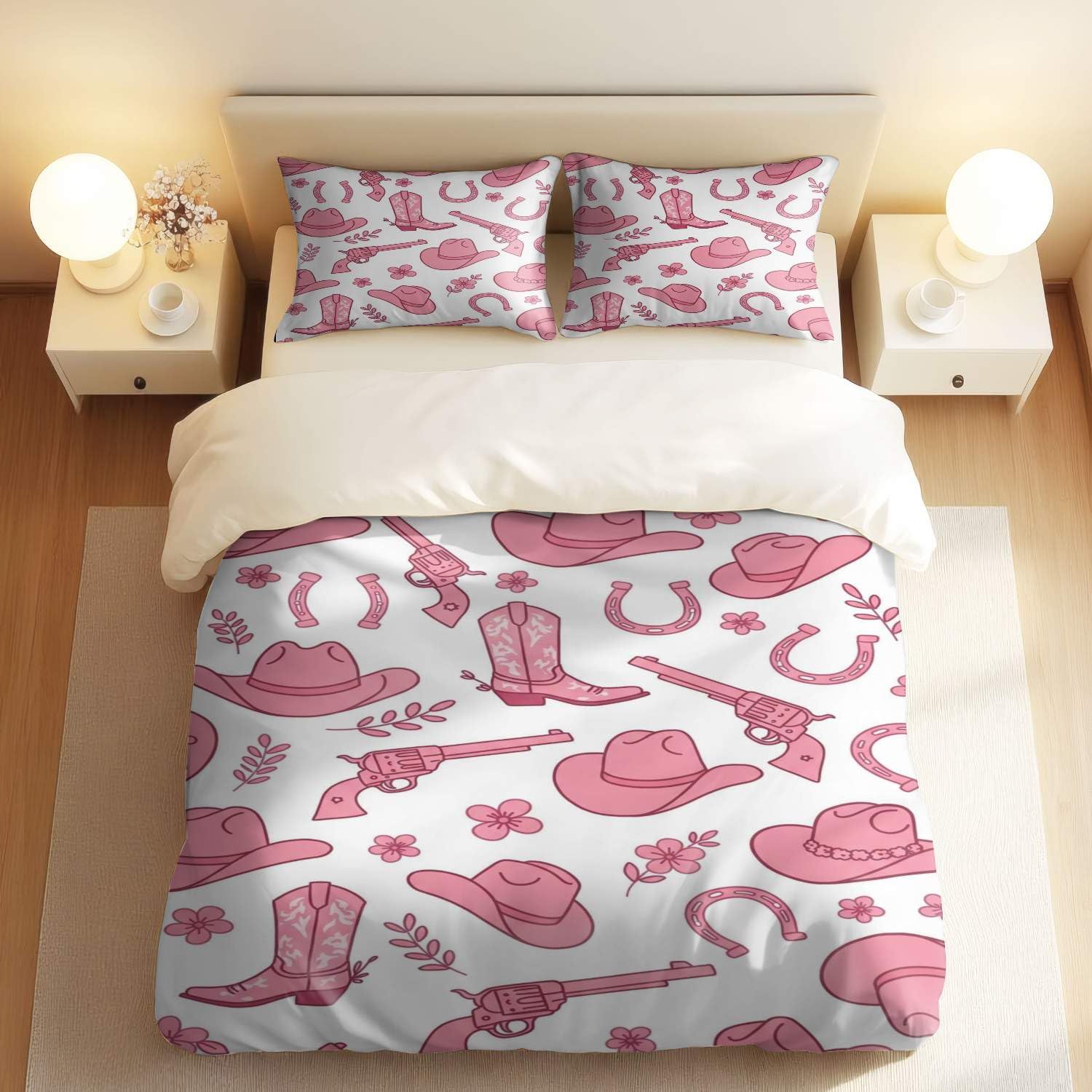Housse de couette imprimée rêve de cowboy rose lit simple motif dessin animé