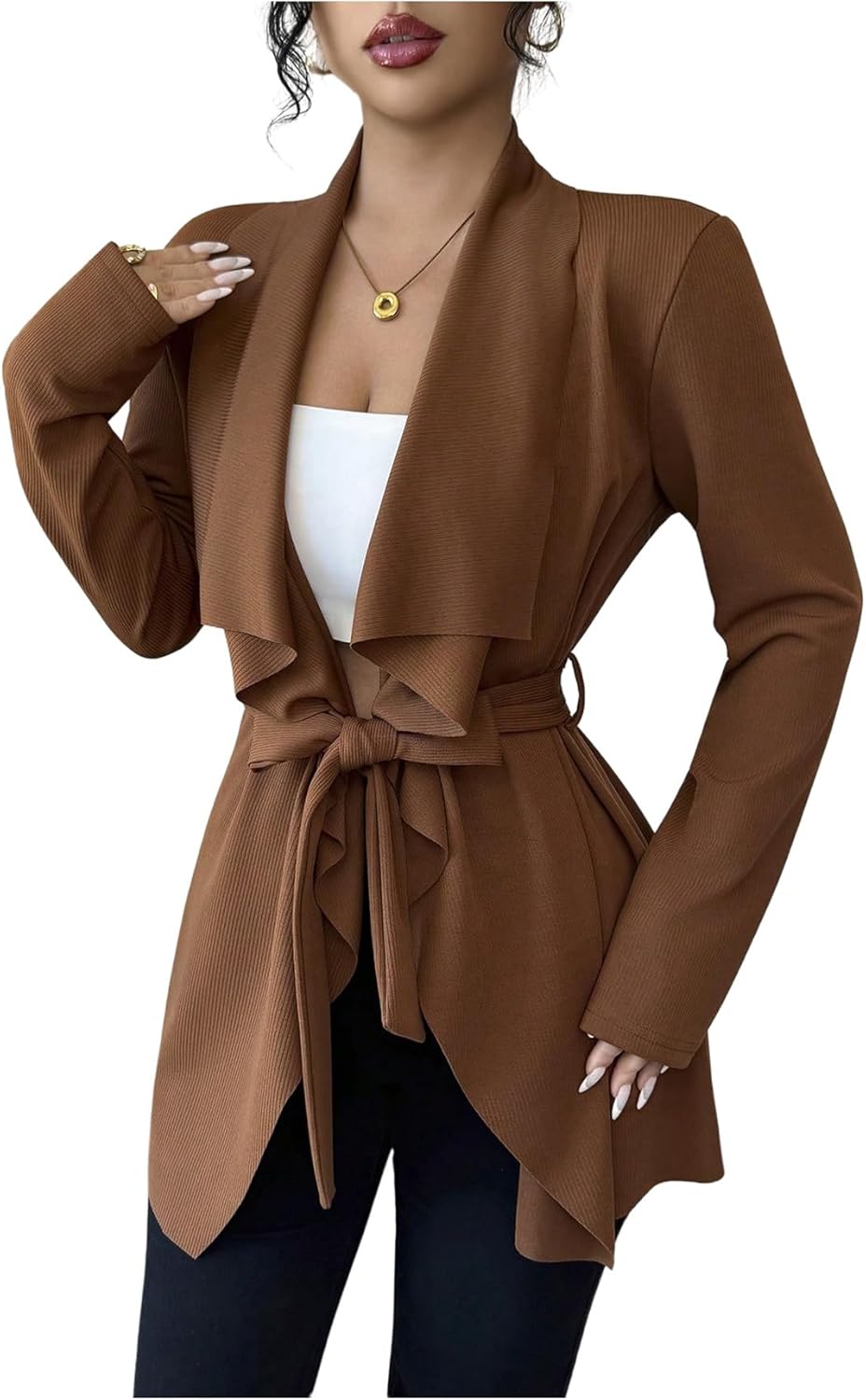 GORGLITTER Women's Belted Cardigan Long Sleeve Trendy Office Business Casual Blazer Jackets Light Trench Coat