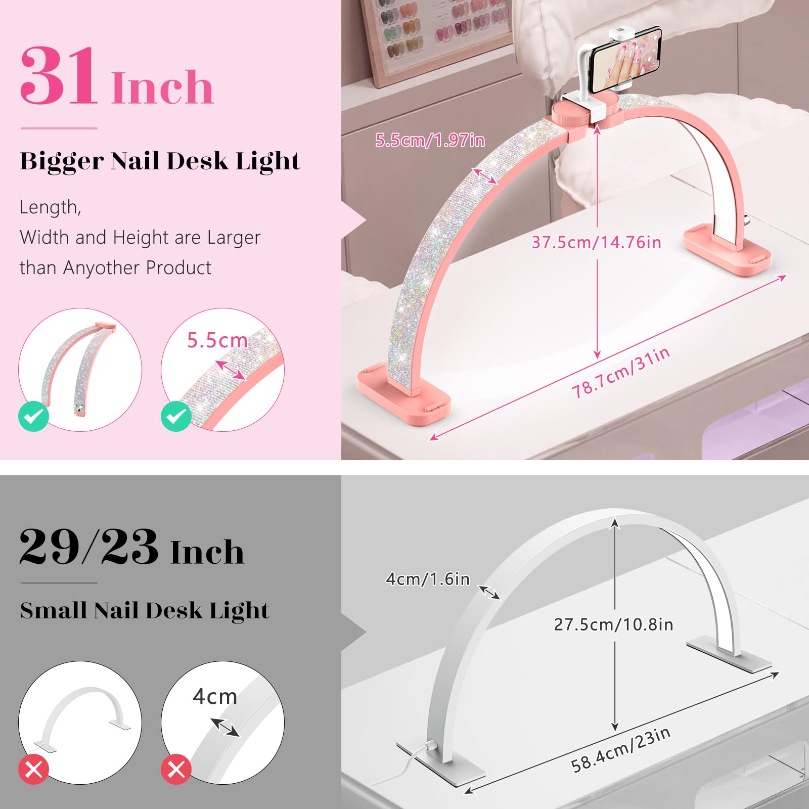 Half Moon Light for Nail Tech: 31 inch Lash LED Lamp with Phone Holder - 48W Foldable Arch Lights for Eyelash Tech - Manicure Handicraft Lighting for Spa,Salon: Pink