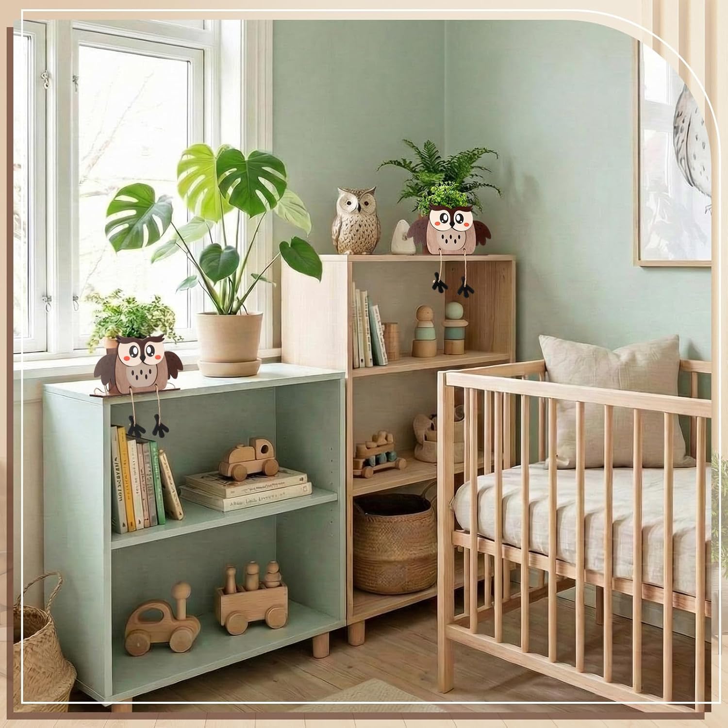 13'' Wooden Swing Owl Hanging Planters for Indoor Boho Wall Decor for Living Room Bedroom Cute Owl Home Decor Hanging Flower Pots Dry Flower Vase Gift for Mom Office Eucalyptus Decorations