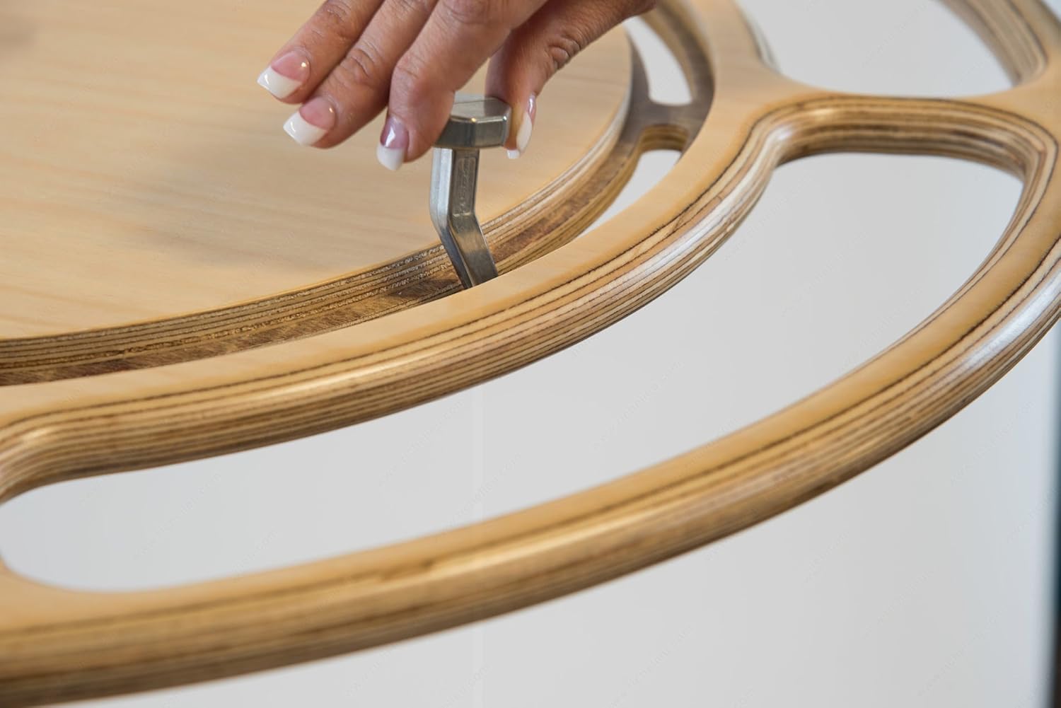 Richelieu Kitchen Solutions Swiveling 32" Diameter Wood Kidney shape Lazy Susan with 7 Metal Hooks for Pots and Pans