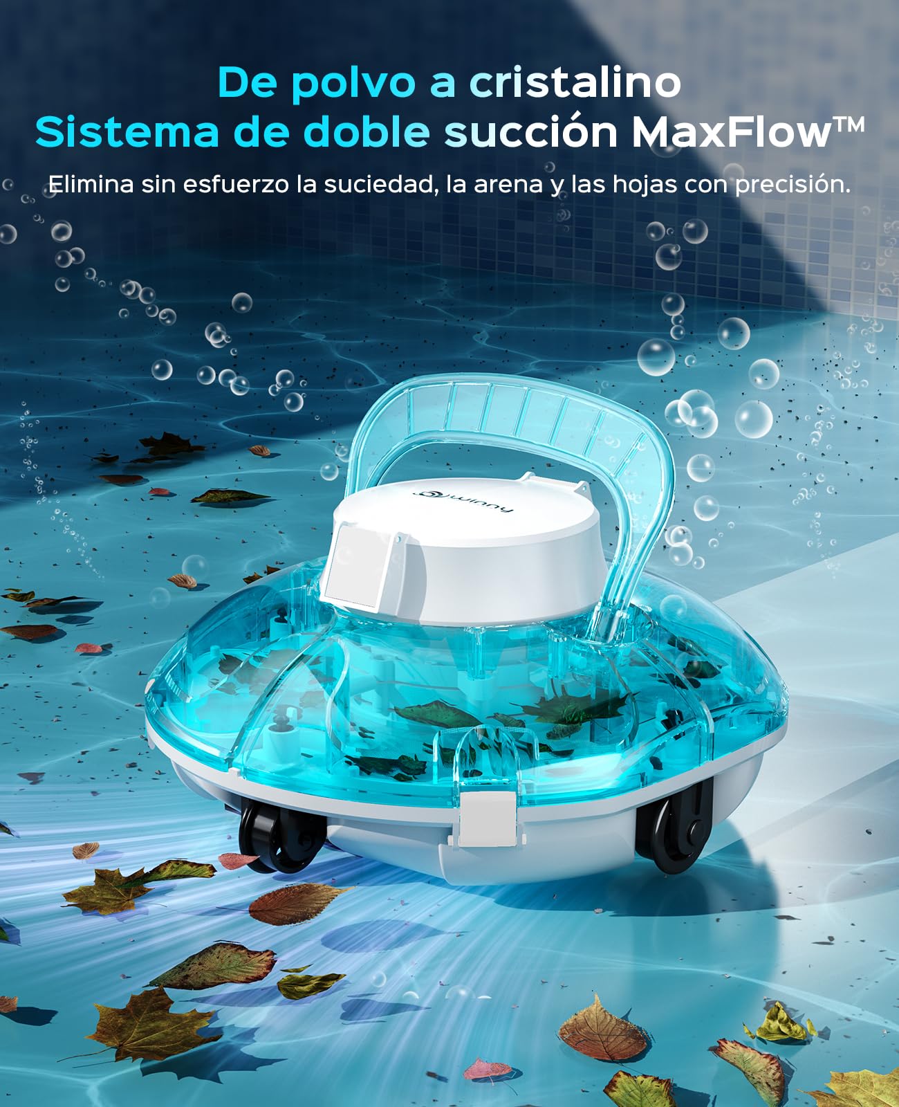 WINNY POOL CLEANER Winny 200 – Robot Limpiafondos Inalámbrico, Doble Filtración, Estacionamiento Aut., 80 Min Autonomía, Piscinas Desmont. hasta 60 M², Compacto Y Ligero(Azul Marino-Blanco)
