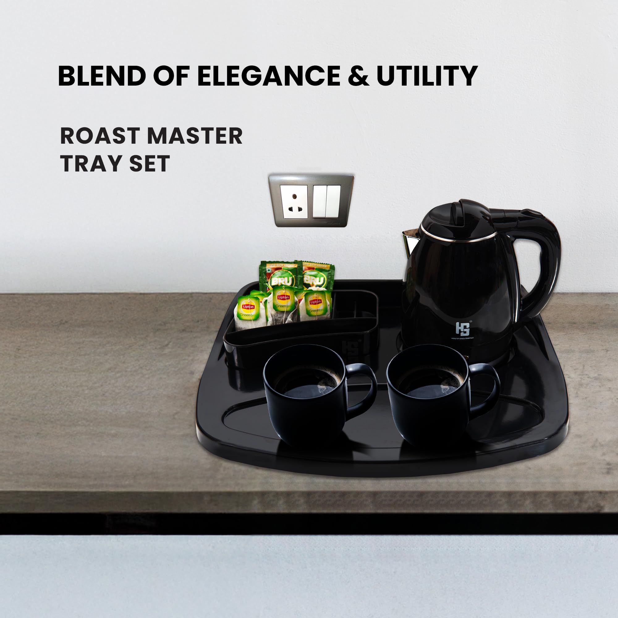 HS WORLD OF HORECA ESSENTIALS Roast Master Tray Set - Premium H-Service Tray & H-Tea Box Combo for Ultimate Kitchen Organization, Durable & Stylish Black Metal Rectangular Kitchenware Set 4