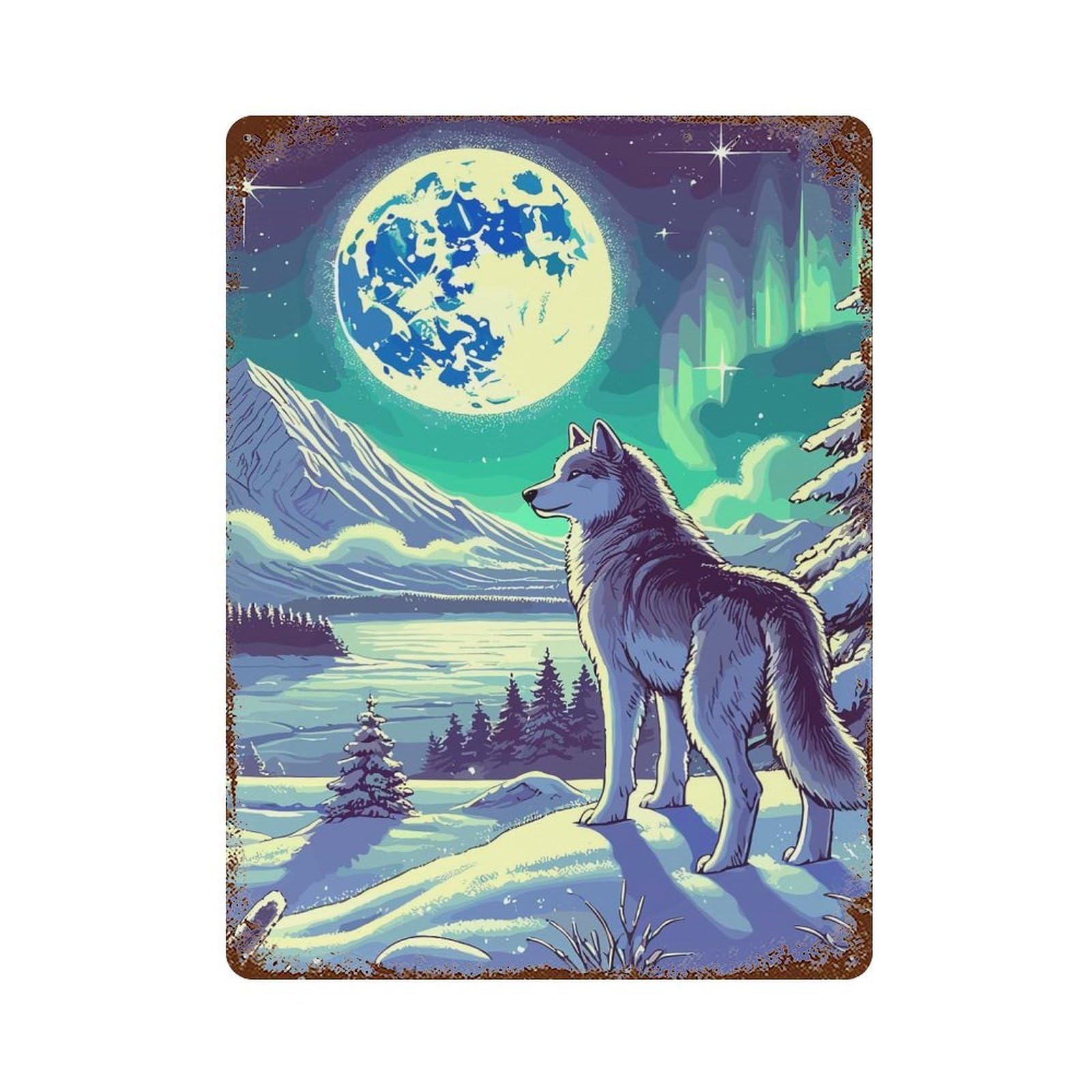 Winter Wolf Under Full Moon Rust Effect Tin Sign 15.7"x11.8", Novelty Wall Decor for Garage, Pub Or Kitchen