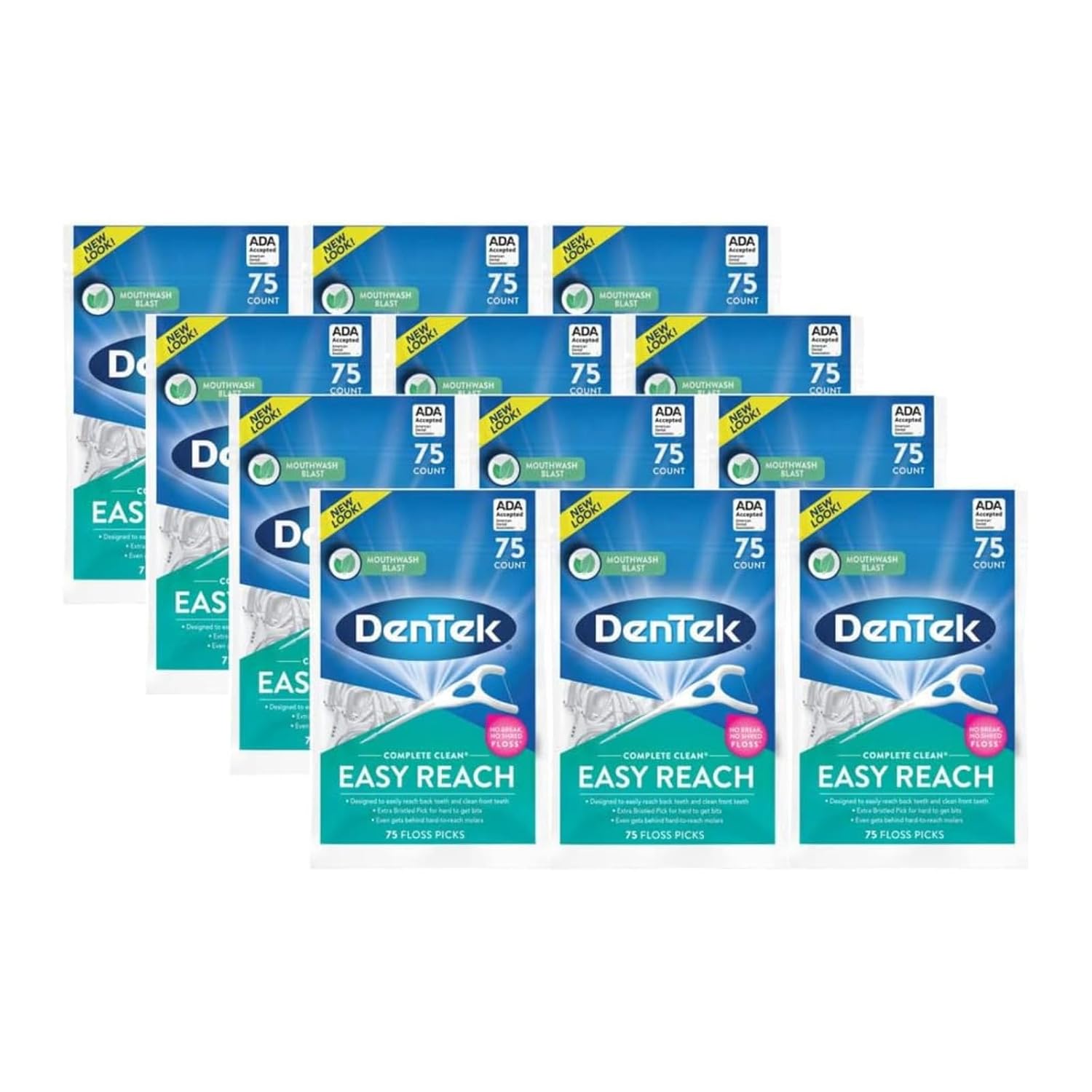 DenTek Complete Clean Easy Reach Floss Picks 75 Contém, Sem Quebra e Sem Desfiar - Pacote com 12 Unidades