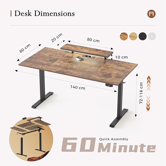 Klicelor Electric Standing Desk, Led & Plug, Movable Monitorstand, 160x80 | 72-116cm Height, Standing desk with 2 Memory Buttons, Sit Stand Computer Desk for Home Office, 4 pcs Desktops, Brown