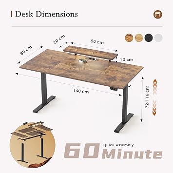 Klicelor Electric Standing Desk, Led & Plug, Movable Monitorstand, 160x80 | 72-116cm Height, Standing desk with 2 Memory Buttons, Sit Stand Computer Desk for Home Office, 4 pcs Desktops, Brown