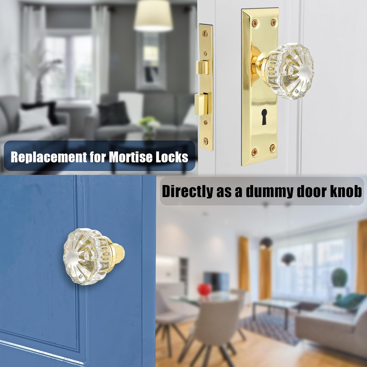 Toptoo 2 Sets Glass Door Knobs, Old Style Replacement, Vintage Crystal, Antique Mortise, Polished Brass Finish