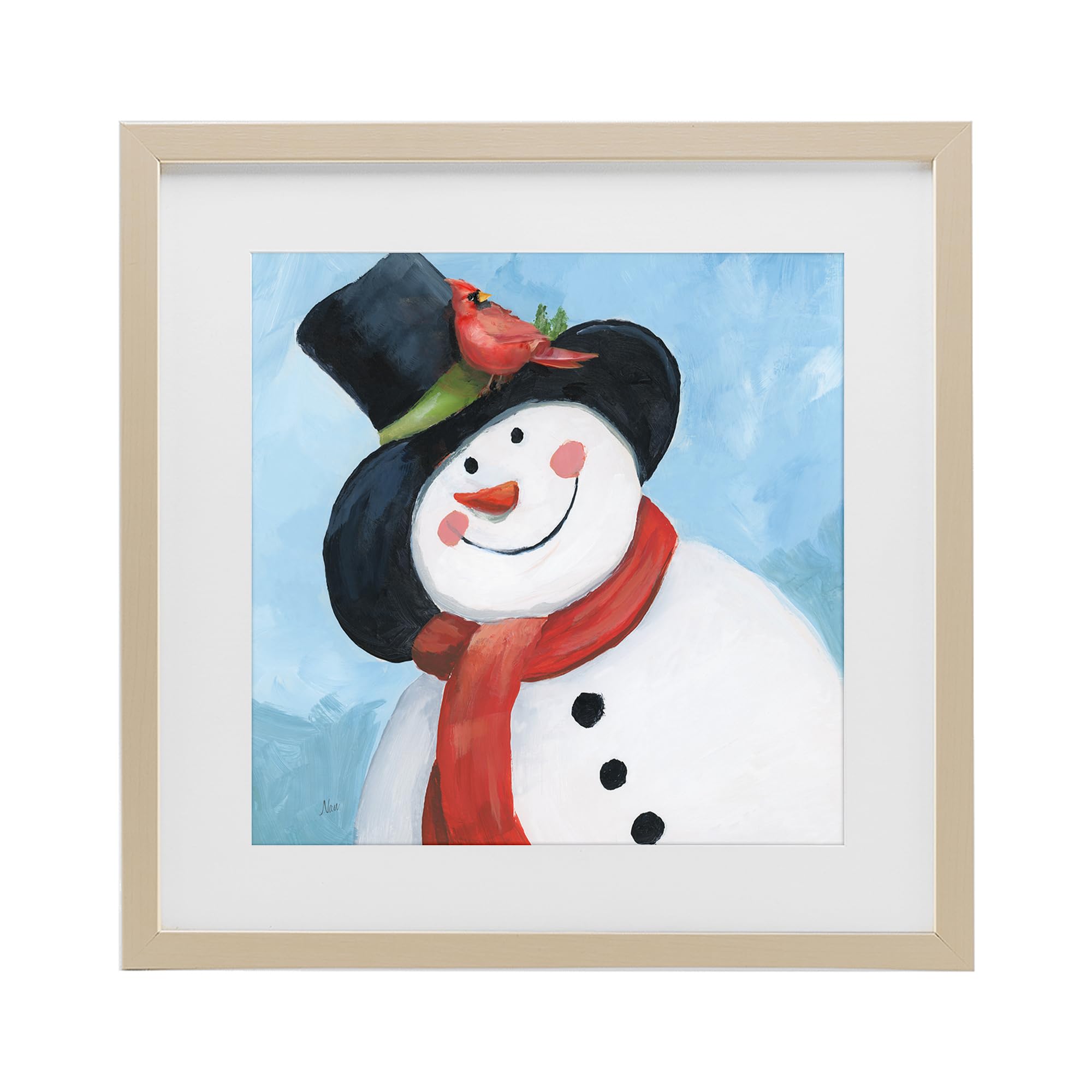 Stupell Industries Harvest Pine (Textured) 'Cheerful Snowman With Cardinal', Framed Print Under Glass, Brown, 16 X 16 Inches, Easy To Hang And Sturdy, Made In Usa, By Nan