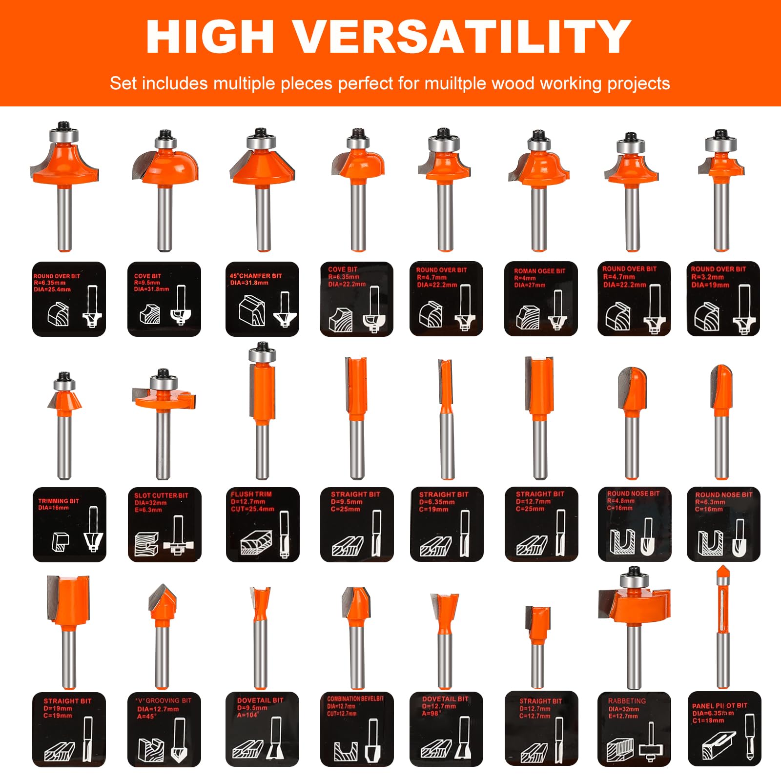Yueqing Zhongji Router Bits Setof 24 Pieces 1/4 Inch Shank-6.35MM Shnak Router Bit Set T Shape Router bit Set 1/4 Shank for Commercial Users and Beginners - Image 2