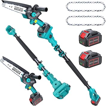 Electric Pole Saws for Tree Trimming, 2x4000mAh Brushless Mini Chainsaw Cordless with Extension Pole, Battery Powered Hand Held Chain Saw Pole Pruner for Cutting Tree Limbs, Gifts for Fathers Day