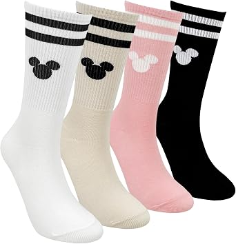 Mickey Mouse Crew Socks, 4 Pairs, Striped Design, White Black Pink Beige collection