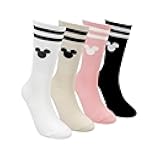 Yolo Studio Mickey Mouse Crew Socks, 4 Pairs, Striped Design, White Black Pink Beige collection
