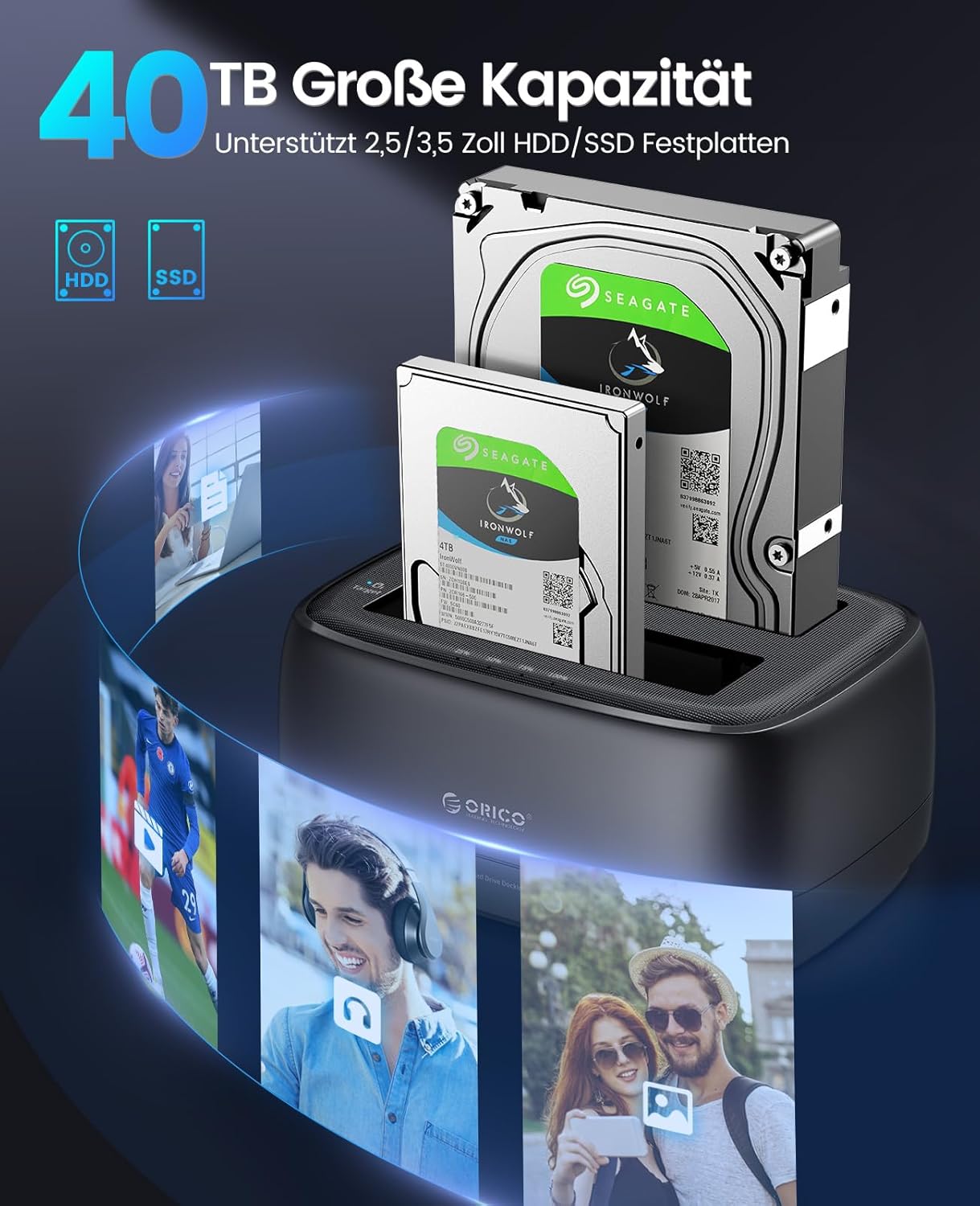 ORICO Docking Station with two hard drives, illustrating 40TB large capacity