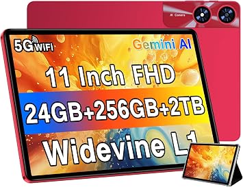 Tablet 11 inch Android 14 Tablets, 24GB+256GB+1TB Expand, Android Tablet with 8000mAh, Octa-Core, 13MP+5MP Camera, IPS Touchscreen, 5G WiFi, BT5.0, Widevine L1, GPS - Metal Red