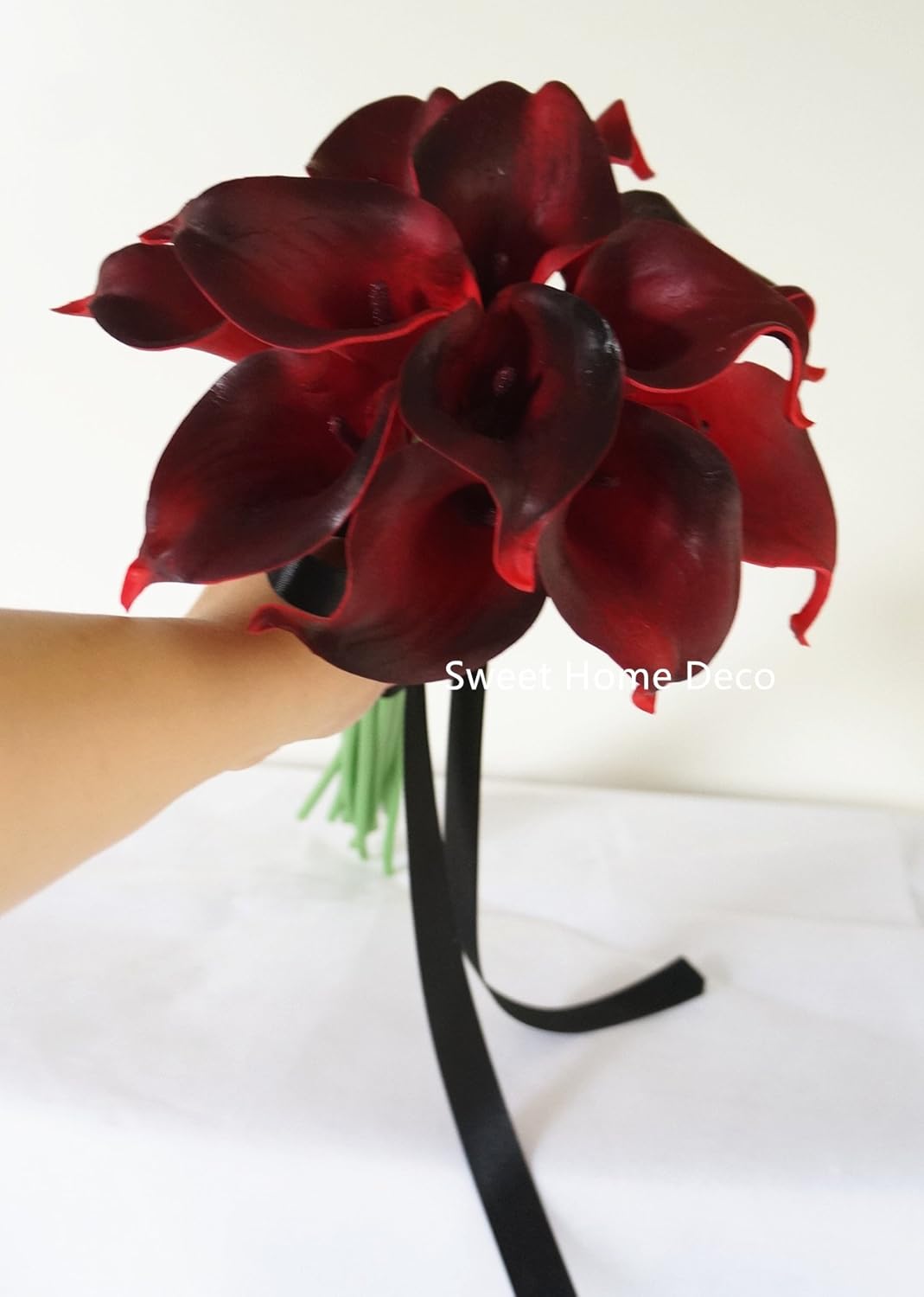Silk Rose Latex Calla Lilies Wedding Bridal Bridesmaid Bouquet Wrist Corsage Pin Boutonniere in Red/Black (Red/Black-8''W Bridesmaid Bouquet)