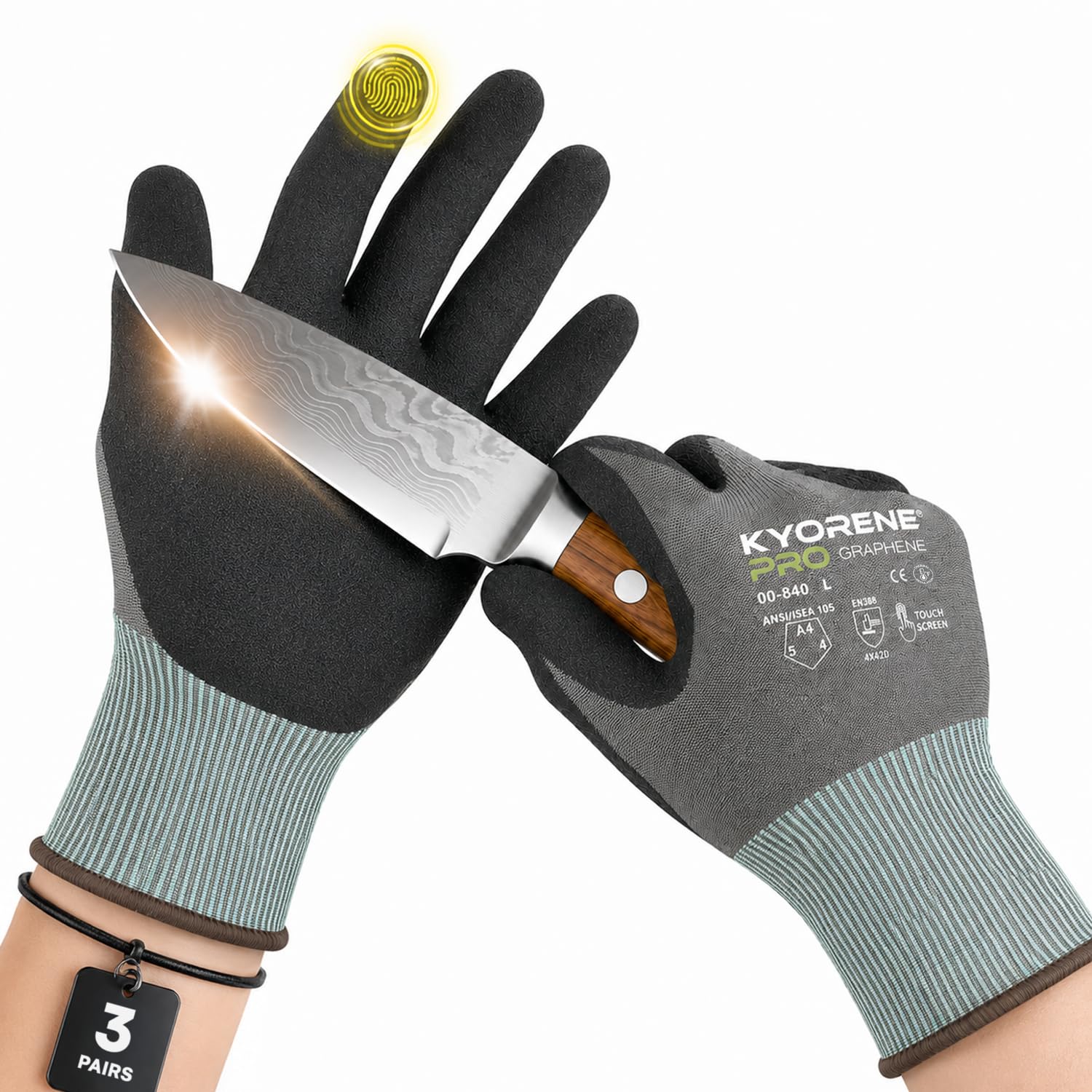 Armor Guys Kyorene Pro 00-840 ochronne rękawice robocze, nitrylowe, rękawice na dłonie, odporne na przecięcie rękawice grafitowe A4, rękawice budowlane i rękawice do obsługi z blachy, rozmiar L, 3 pary / PK