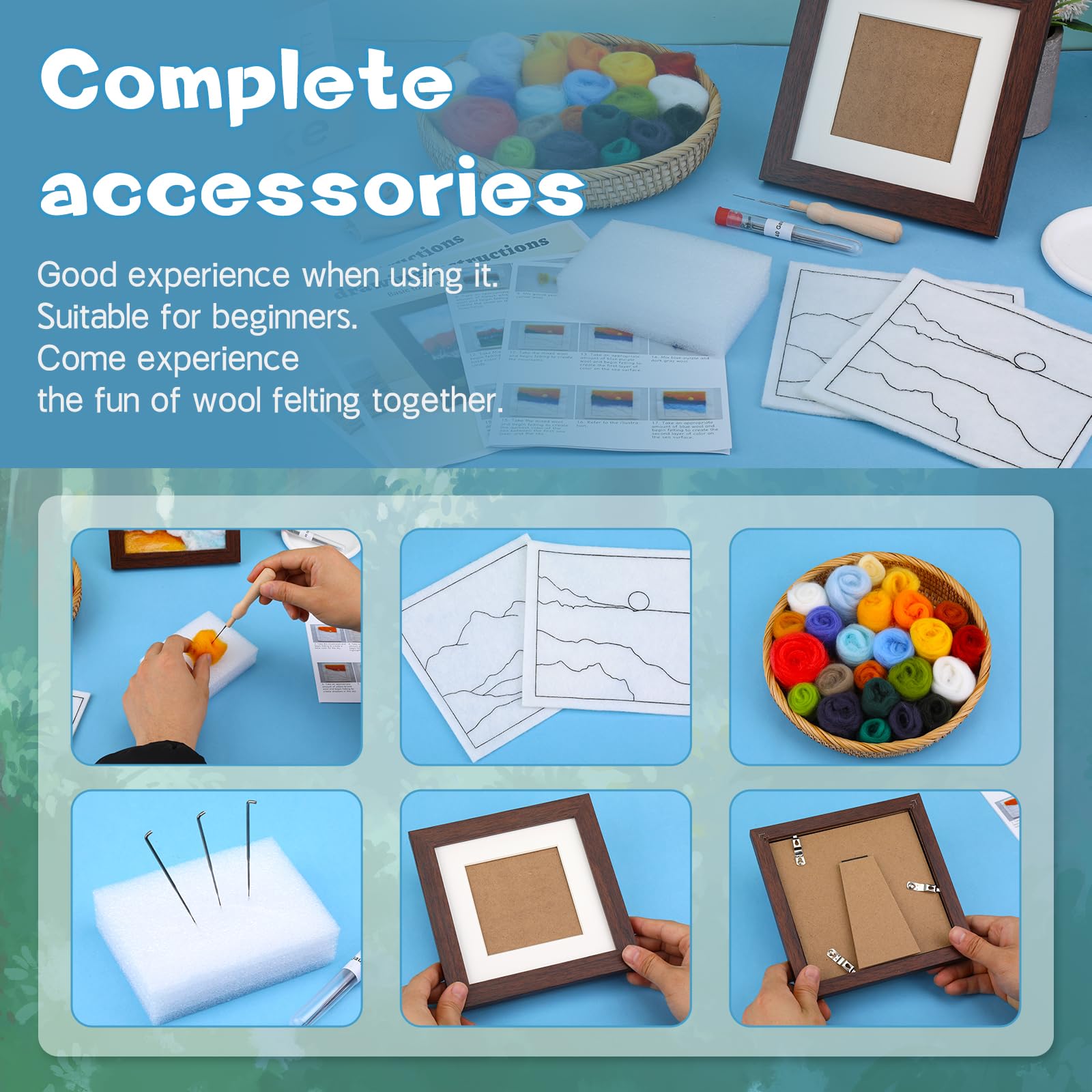 QMNNMA Kits de fieltro de aguja para principiantes, kit de pintura de fieltro de aguja, kit de fieltro de lana con marco de fotos, almohadilla de espuma, paño de fieltro e instrucciones, utilizado