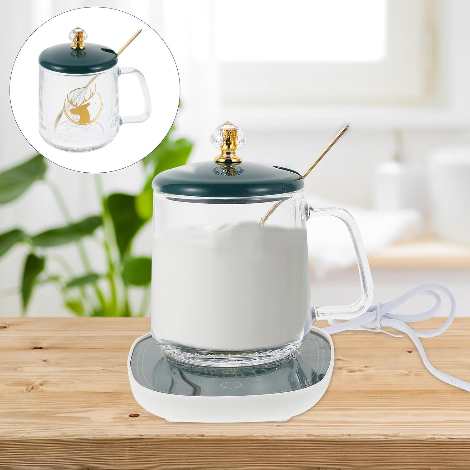 Creative Milk Cup Warmer with Ceramic Heating Coaster and Scoop US Plug Practical Tabletop Mug Heating Plate for Coffee Tea Cocoa and Milk Compact and Safe Design in Deep Green
