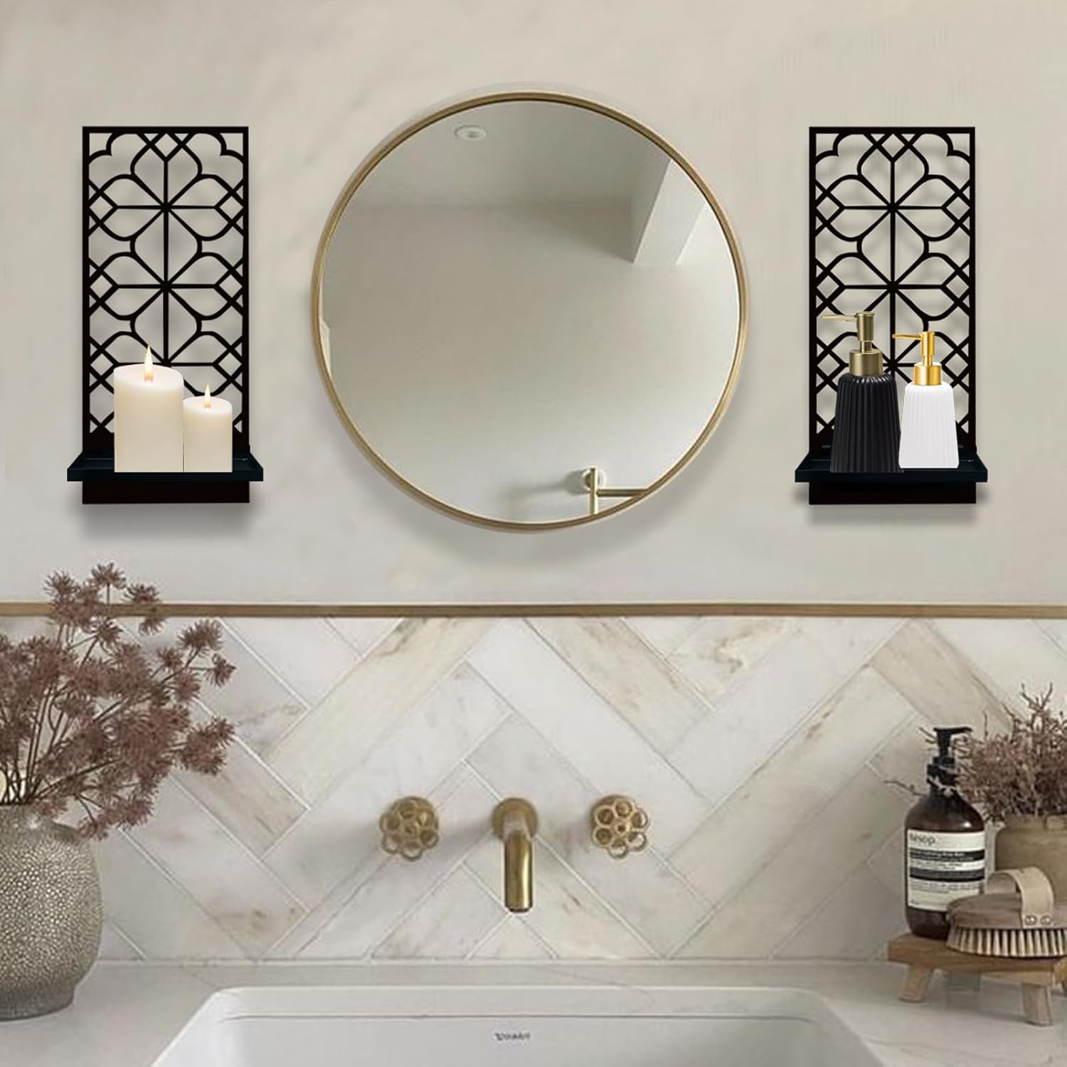 Metal Wall Art for Bathroom: Black Wall Candle Holder Plant Holder Candle Sconces - Minimalist Decor for Living Room Bedroom