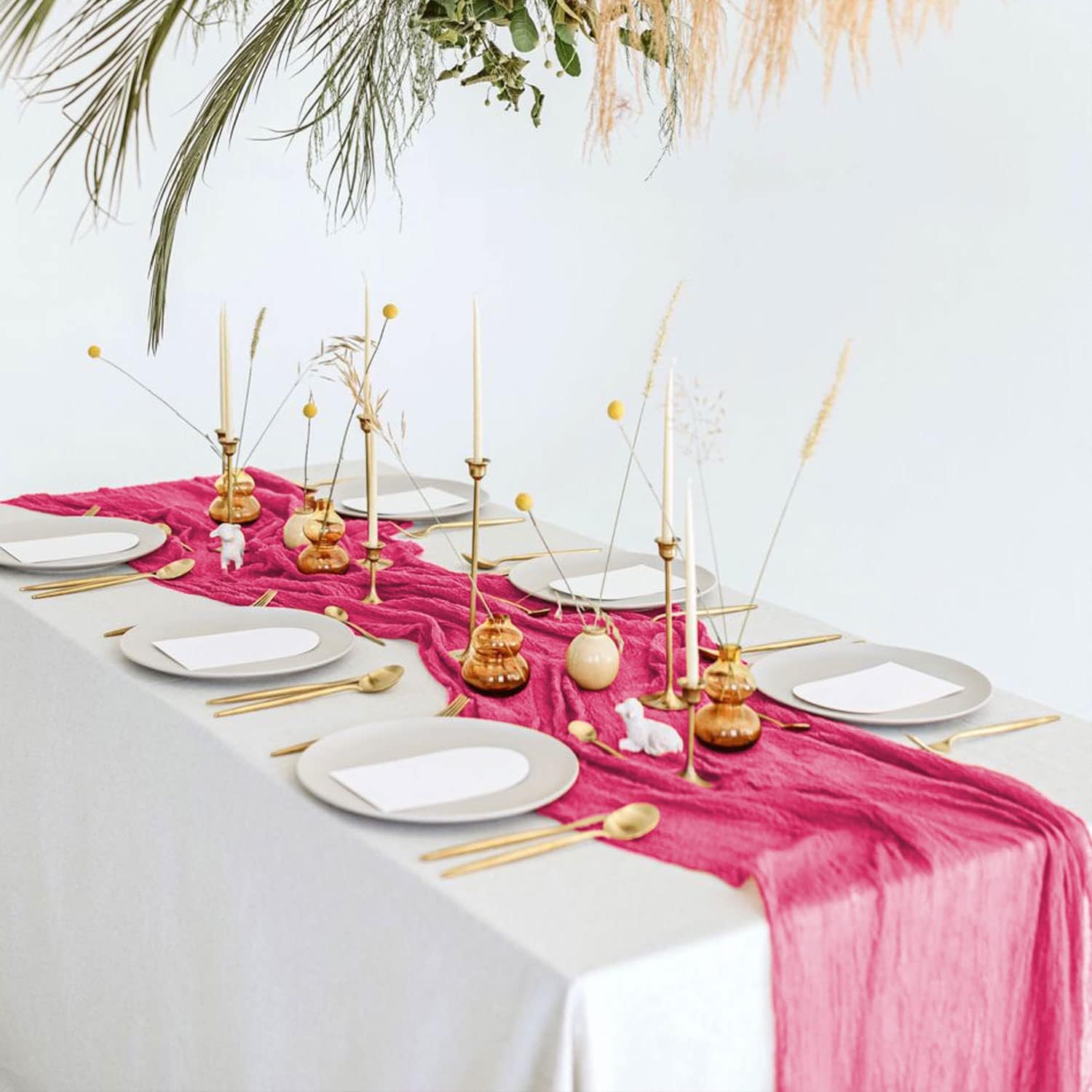 MODFUNS 12 Packs Hot Pink Cheesecloth Table Runners 10FT Gauze Fabric Table Runner for Wedding Party Sheer Cheese Table Cover Boho Cotton Wedding Runners Bridal Shower Banquet Table Decorations