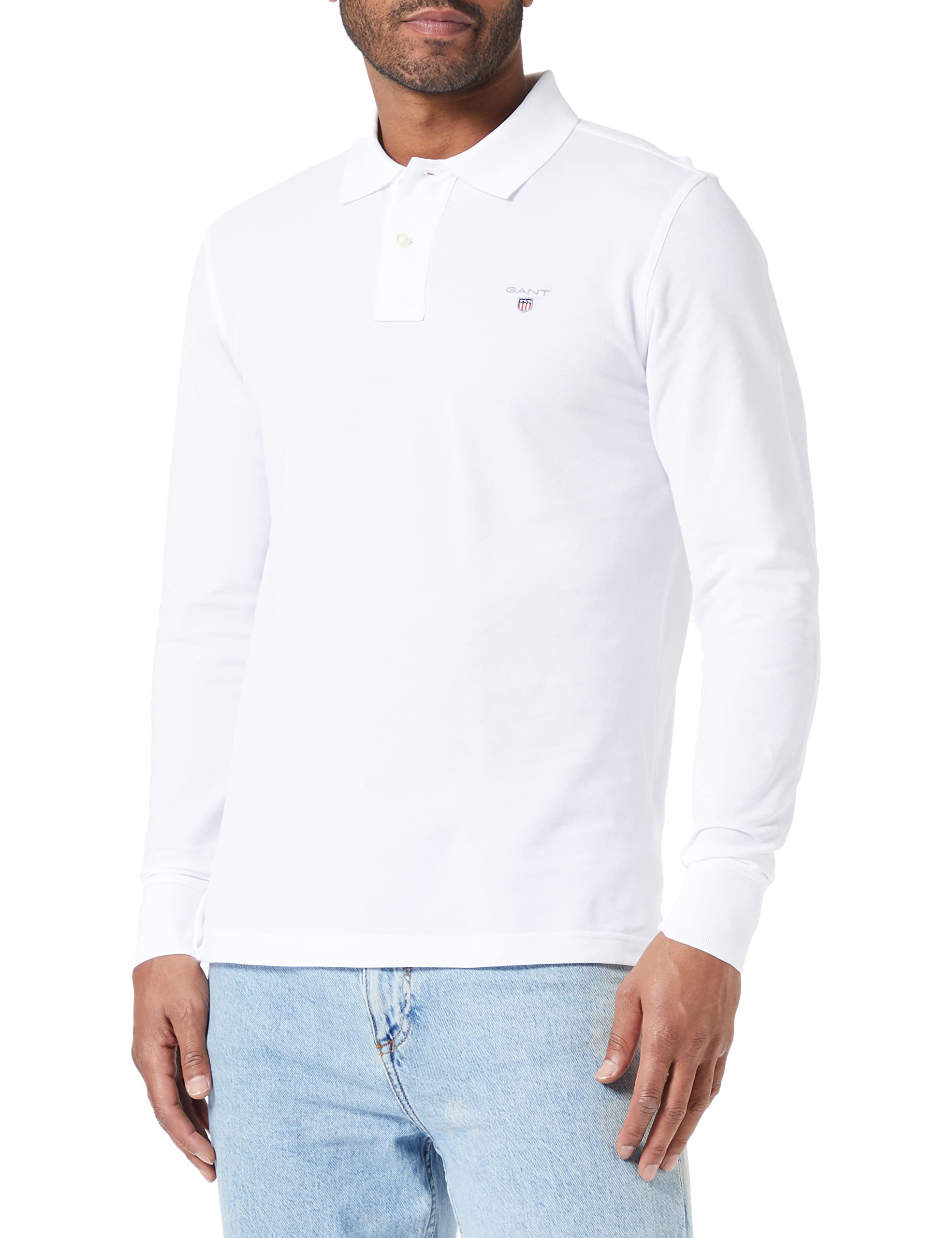 GANTMen's Original Pique LS Rugger Polo Shirt, White, XS