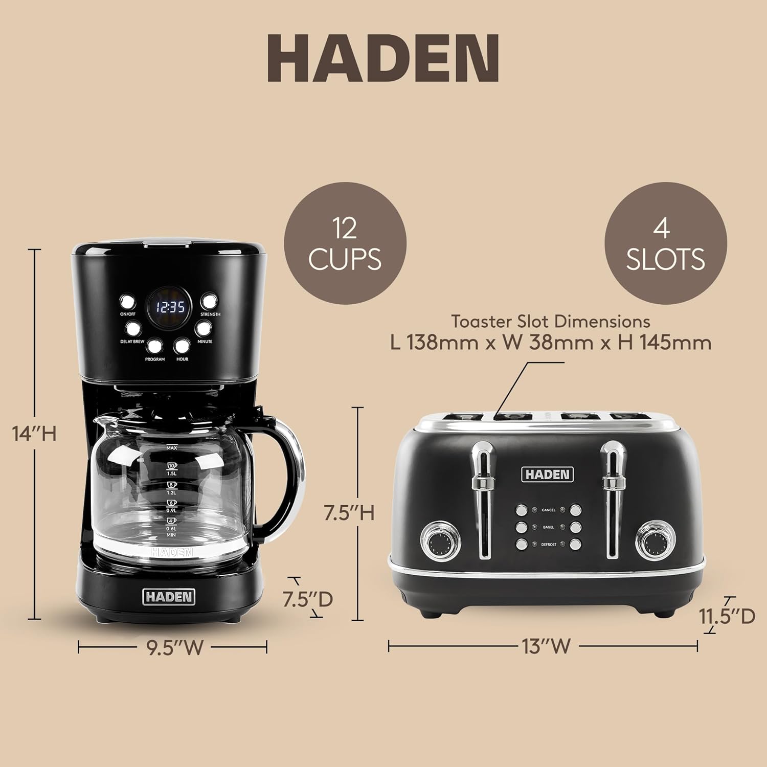Haden Heritage 4 Slice Wide Slot Stainless Steel Toaster Bundled with 12 Cup Programmable Drip Coffee Maker Coffee Machine, Black & Chrome