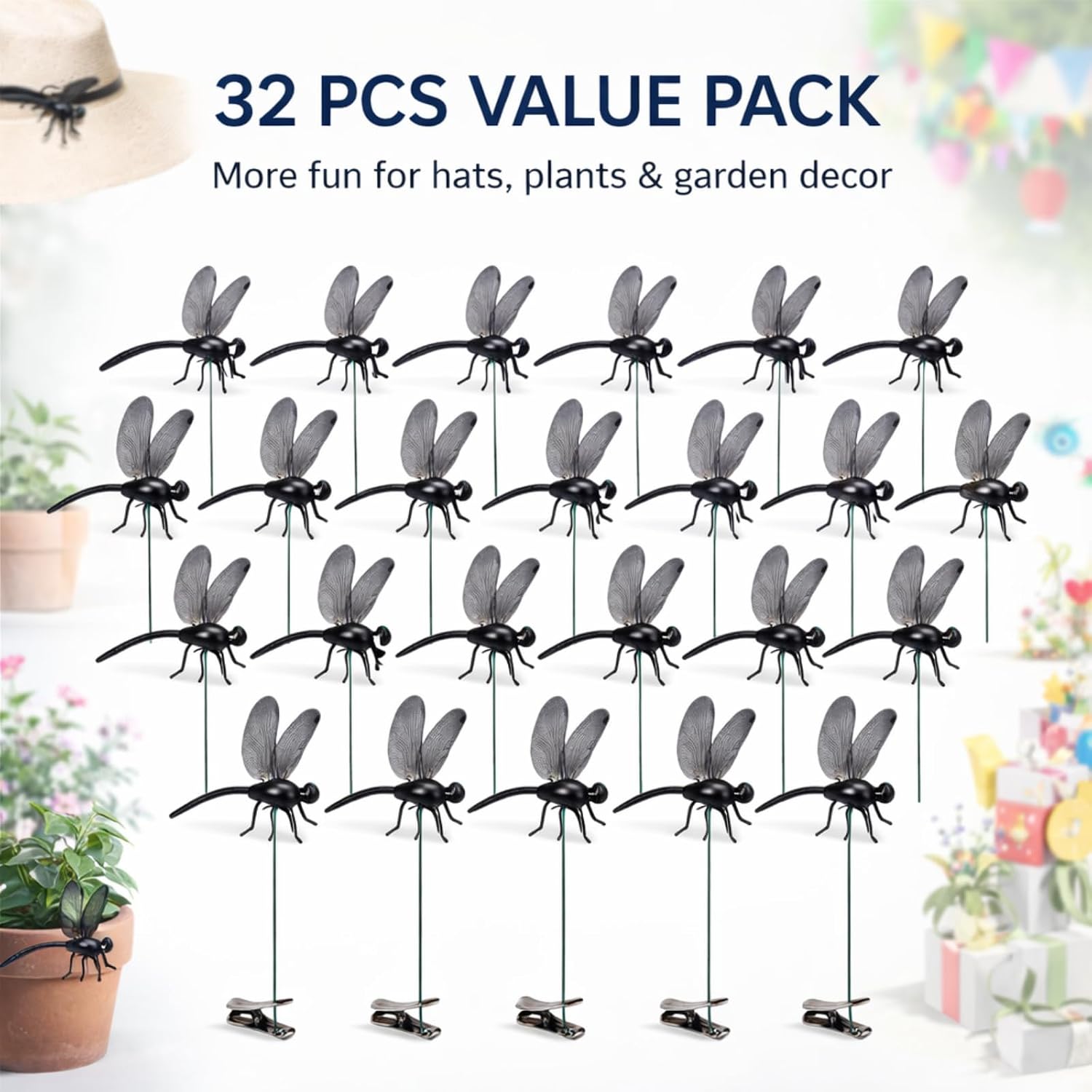 32 Pack Black Dragonfly Clips for Plants and Garden Decor, Decorative Dragonfly Clip Set for Potted Plants, Hats, Party Decorations, Patio, Outdoor Whimsical Accessories
