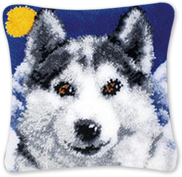 Coopay Animal Latch Hook Cushion Kit, Knitting Kits Cushion, Rug Making Kit for Starters, Latch Hook Kit for Beginners Adults or Children, Wolf Latch Hook Kit 43x43cm/17x17 inch