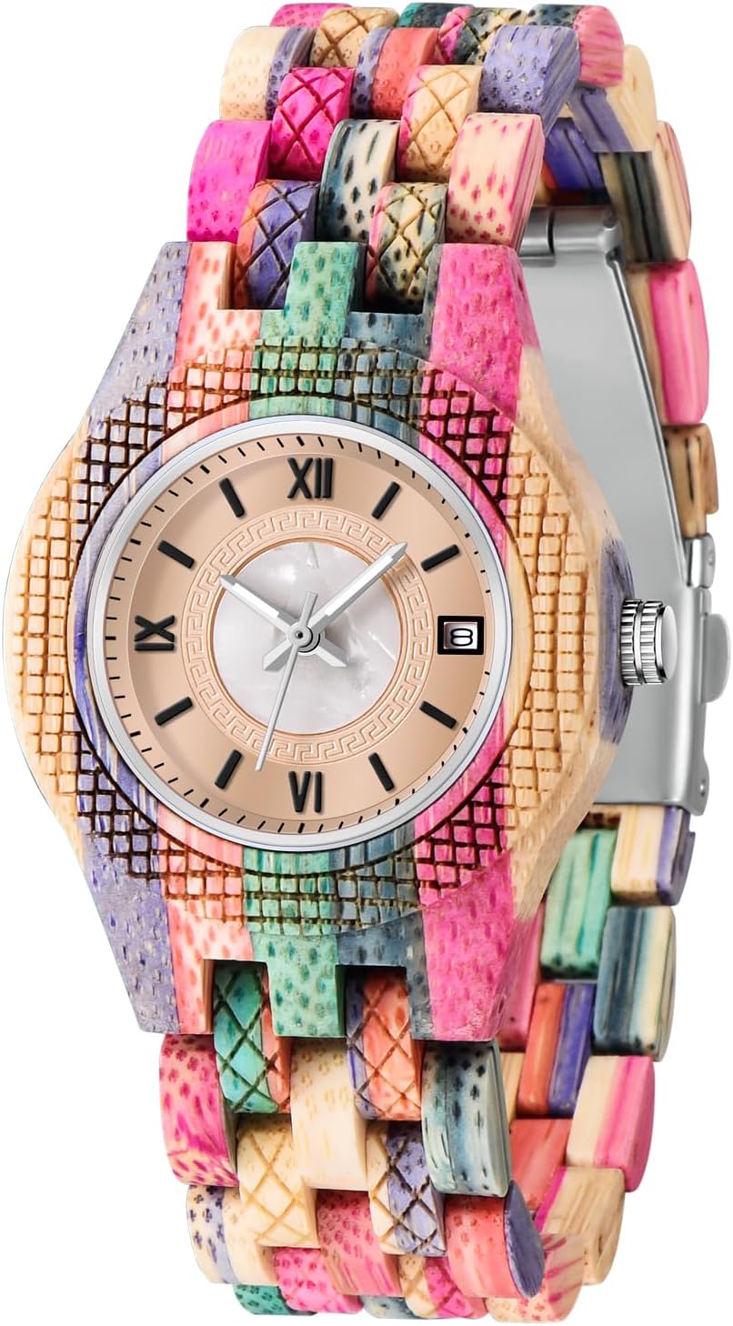 Wood Watch Women, All-Wood Watch Band Analog Quartz Movement Watch,Foldover Clasp Wood Strap Wooden Watches for Women