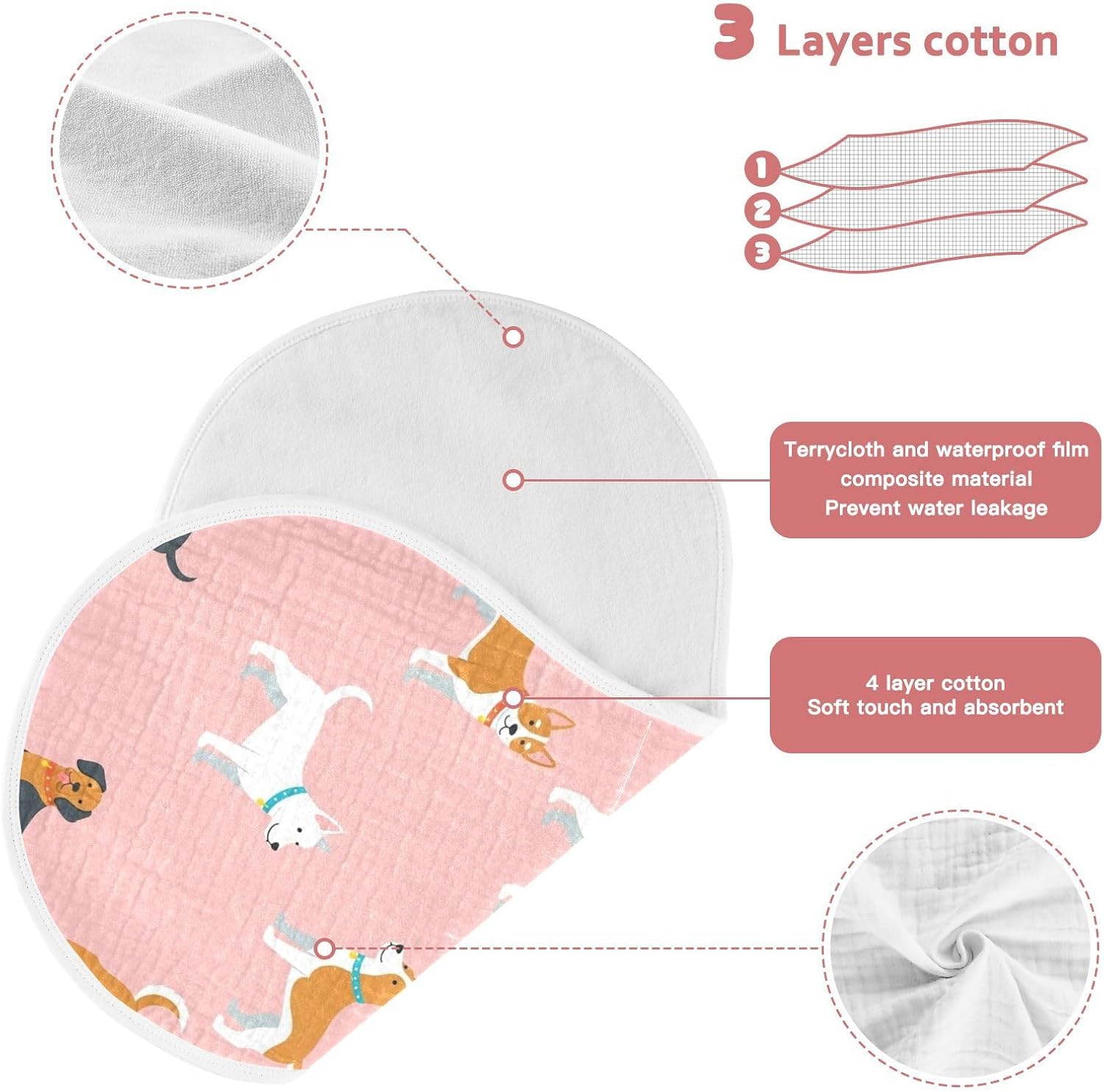 Emelivor Cartoon Pink Dogs Pattern Muslin Burp Cloths for Baby Super Soft Baby Burp Cloths 4 Pack Absorbent Baby Washcloths Burp Bibs Towel Spit Up Burping Rags for Newborn Girls Boys Babies