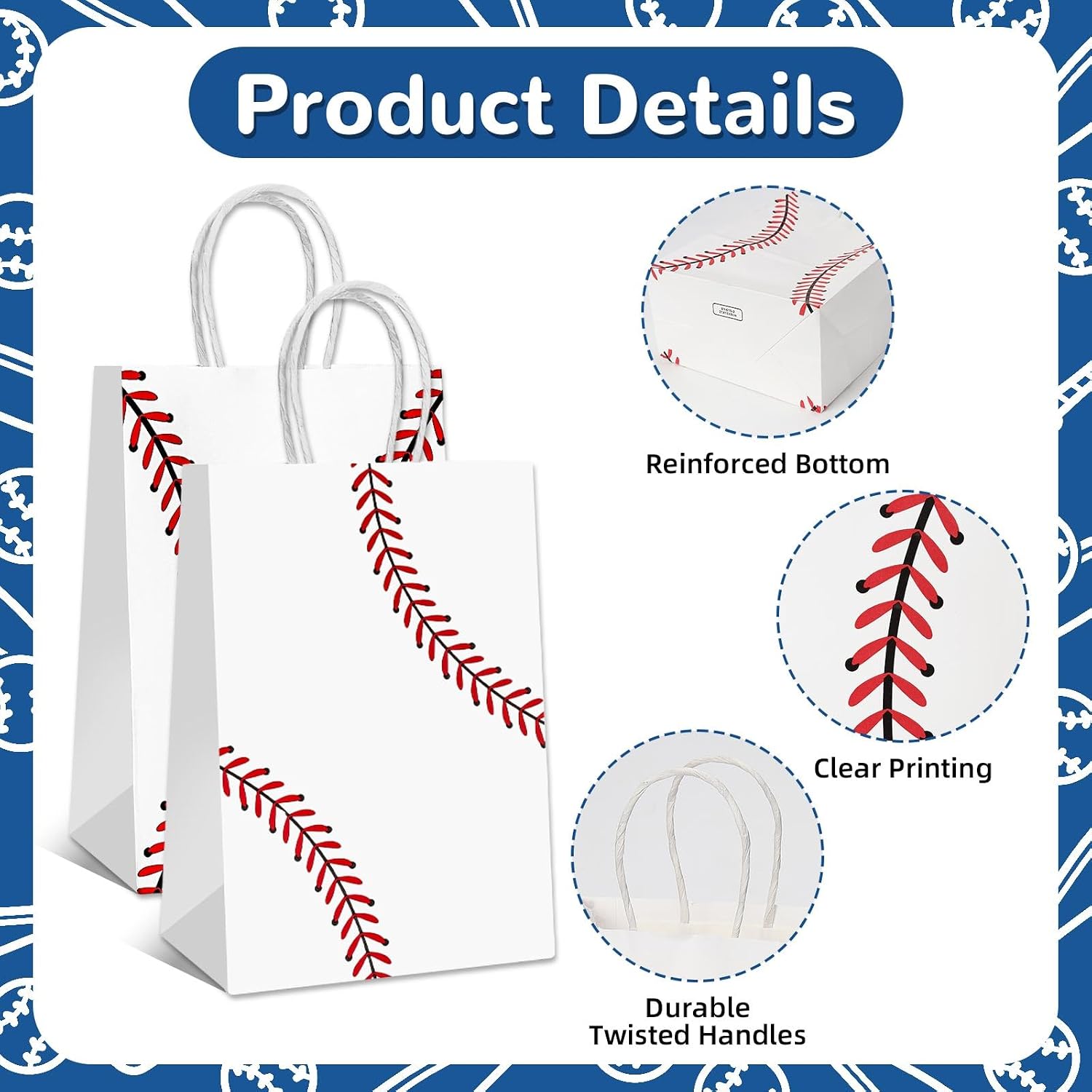 WATMTIN 18 Pcs Baseball Party Gift Bags, Baseball Pattern Goodie Bags with Handle, Paper Treat Candy Snack Bag for Baseball-Themed Party Games Sports Day Birthday Decorations Supplies image 5